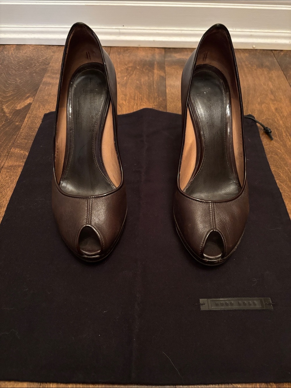 Hugo Boss Brown Leather Peep-Toe Pumps